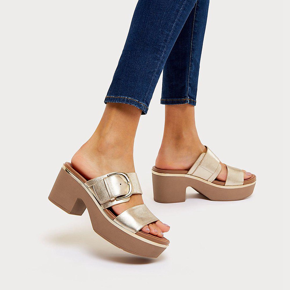 Fitflop Womens Platforms - Pilar Mixed-metallics Leather Slide - Gold - 329-UDHBJV